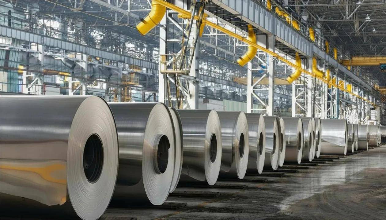 Rolled aluminium and steel coils on a processing line