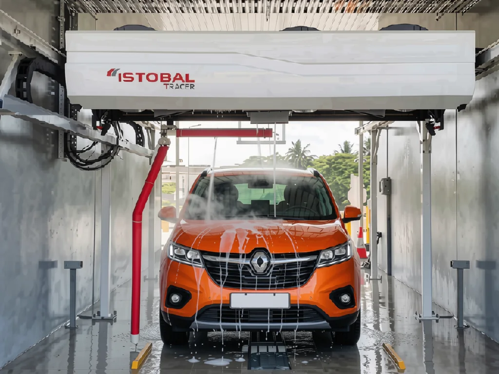 Automated tunnel vehicle-wash system in action