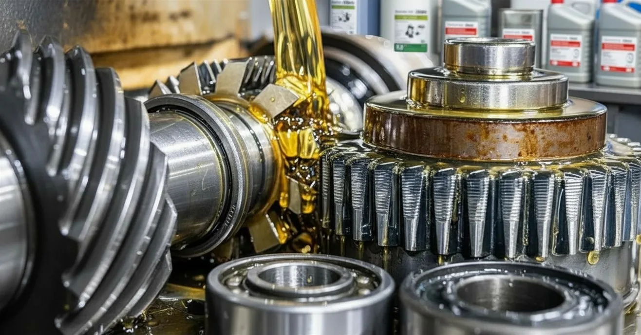 Close-up of premium lubricant poured over precision gears
