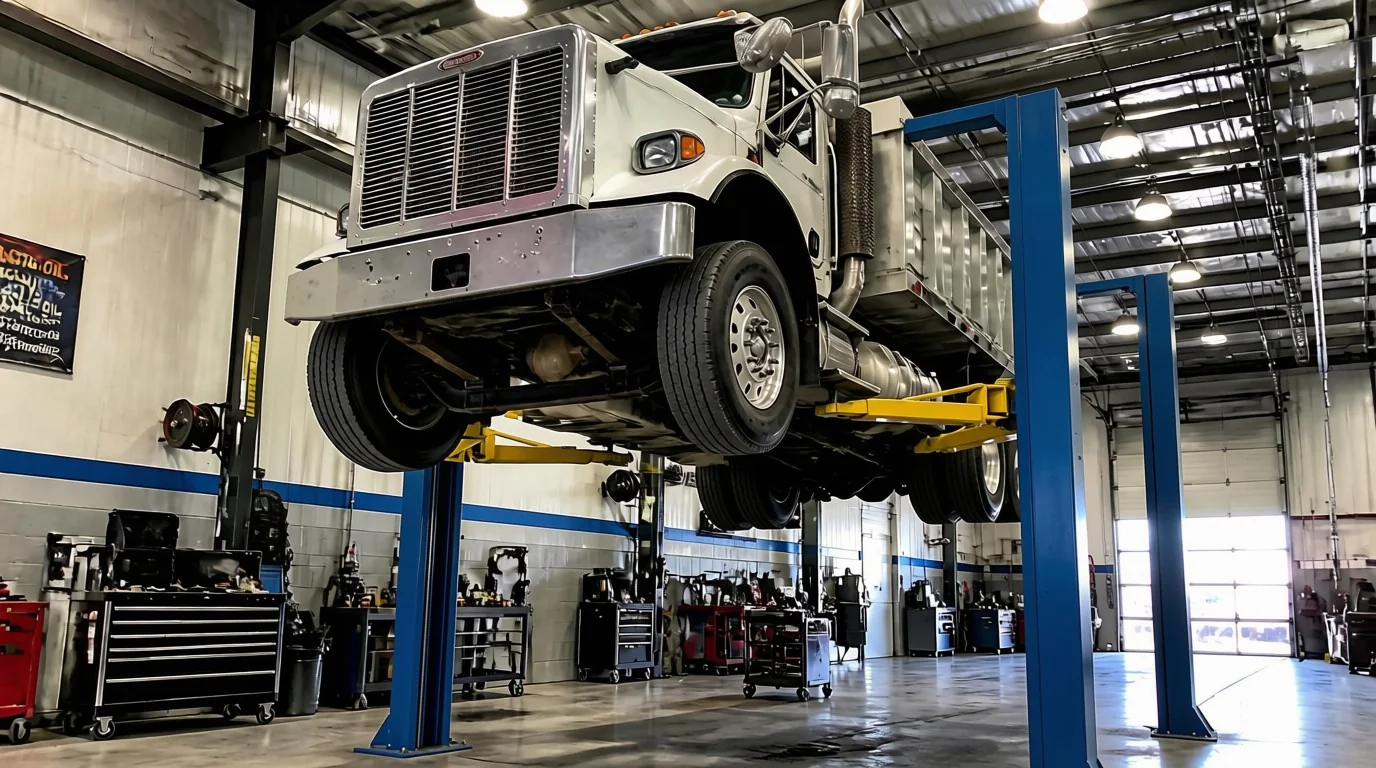 Heavy-vehicle mobile column lifts raising a truck in a workshop